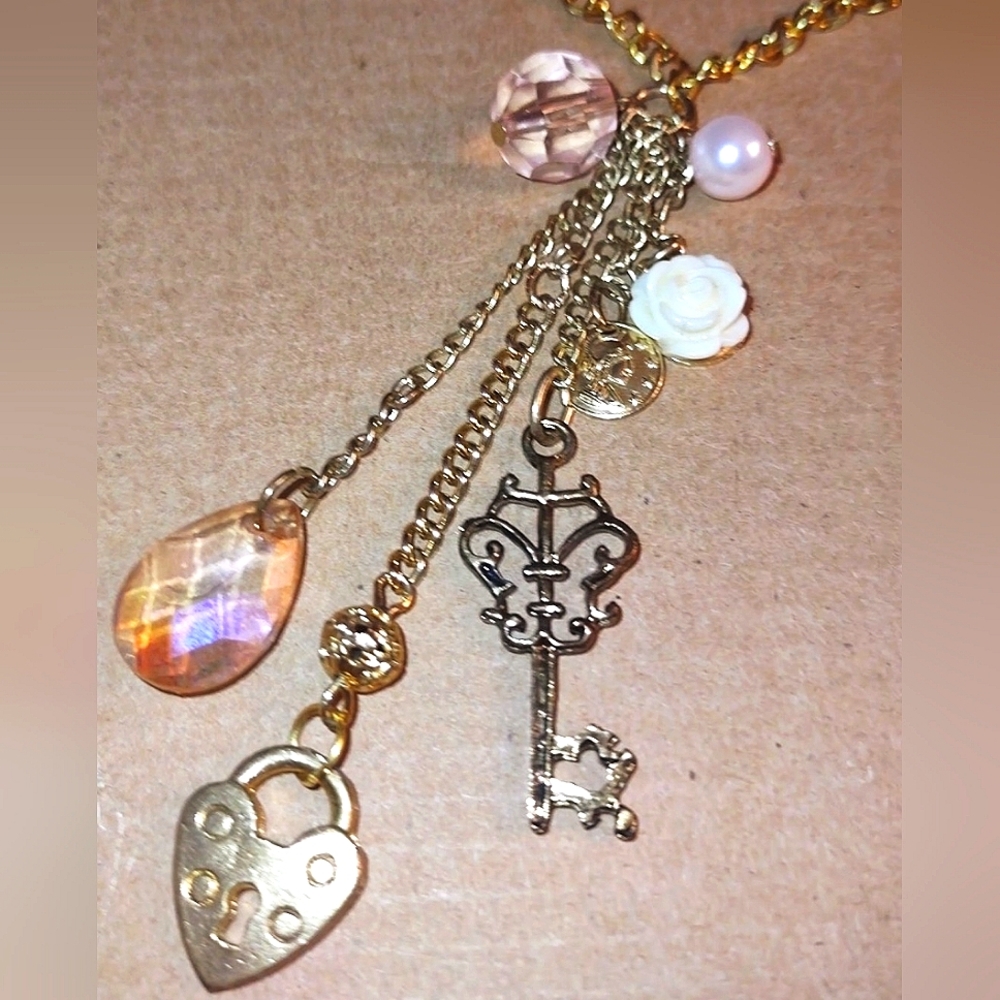 Key/Lock & Heart/Pearl Charms Necklace